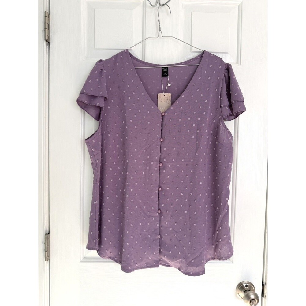 Emery Rose Women's Purple Textured V-Neck Button Front Flutter Sleeve 1XL NWT